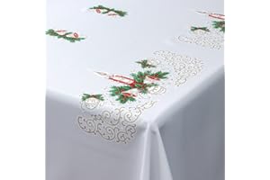 MforStyle Christmas Tablecloth White Xmas candle Red Gold Green Pattern Oblong Rectangle Small Medium or Large (57" x 87" (145cm x 220cm)