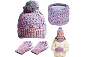 YUFFQOPC Kids Hat Scarf Gloves Set, 3 In 1 Knit Warm Toddler Winter Cap Gloves Neck Warmer, Warm Thermal Knitted Beanie Cap Snood Neck for Girls 3-12 Years, Purple