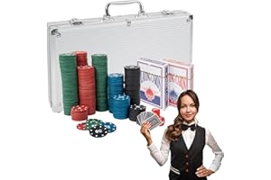 H&F Heimtextilien Zestaw do gry w pokera – 300 żetonów do gier karcianych, 2 talie, kostki, plakietka krupiera, aluminiowa walizka – obszerny zestaw do gry w pokera dla początkujących i zaawansowanych