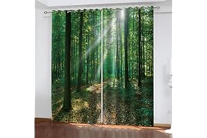 GELOUT Blickdichte Gardinen Verdunkelungsvorhang Ösenvorhang 3D Gedruckt Curtain Grüner Wald 214cm lang 264cm Breite Polyester Geräuschreduzierung Vorhang Für Zimmer Büro Schlafzimmer