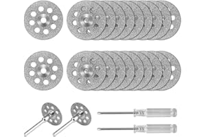 PAIRIER Dischi Diamantati Mini 20 pezzi 22 mm Disco Diamantato di Taglio con 4 pezzi 3 mm Mandrino e 2 pezzi Cacciavite a Croce in Cristallo per Vetro Piastrella Legno Gemma di Pietre Ceramica Rame