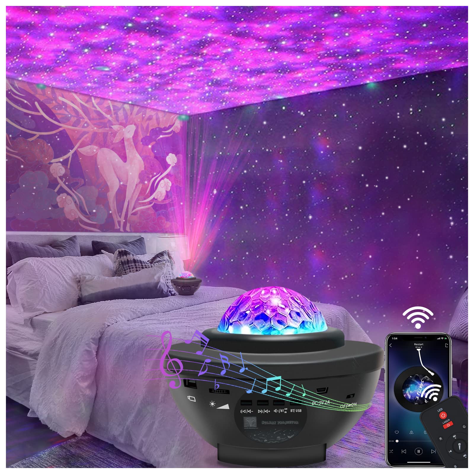 Star Projector Galaxy Light Projector with Remote Control & Bluetooth Music Speaker, Multiple Colors 360 Rotational Dynamic P