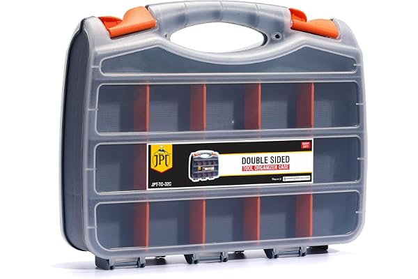 JPT Double-Sided Tool Organizer with Impact-Resistant Polymer and Customizable Removable Dividers, Black/Orange Hardware Box for Screws, Nuts, and Small Parts