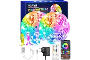 FGRYB LED Strip 20m Led Streifen - RGB Farbwechsel LED Band Lichtband Selbstklebend mit Fernbedienung Musik Sync Bluetooth App-steuerung Light Stripe für Schlafzimmer Zimmer Party Zuhause (2 Rolle)