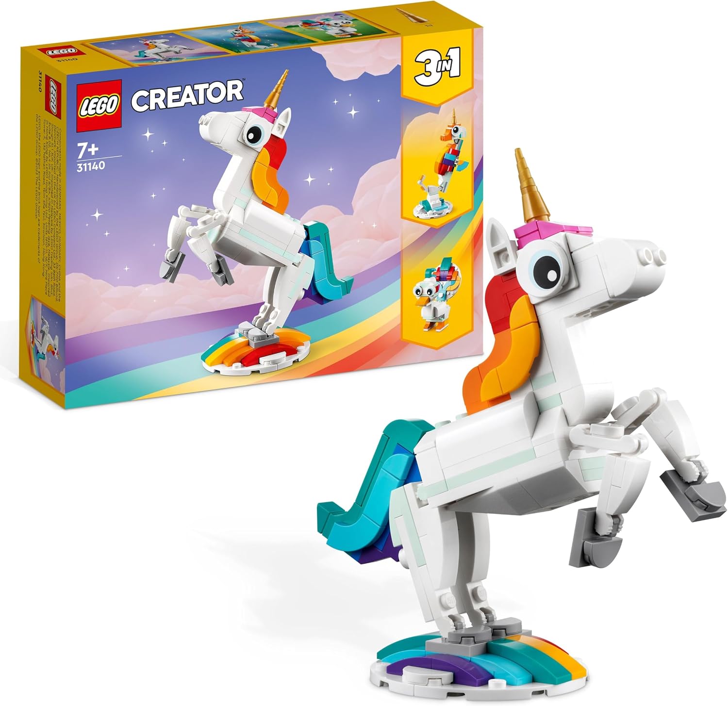LEGO Creator 3 en 1 Unicornio Mágico de Juguete - Figura de Animal Transformable en Caballito de Mar o Pavo Real - Regalo Creativo para Niñas y Niños de 7+ Años 31140