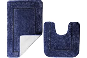 SOANNY Blue Bath Mat Set of 2, High Density Soft Microfiber Non Slip Bathroom Mats with Water Absorbent, 53 X 86 CM Bathtub Shower Rug & 50 X 50 CM Toilet Pedestal Mat Bathmat, Machine Washable