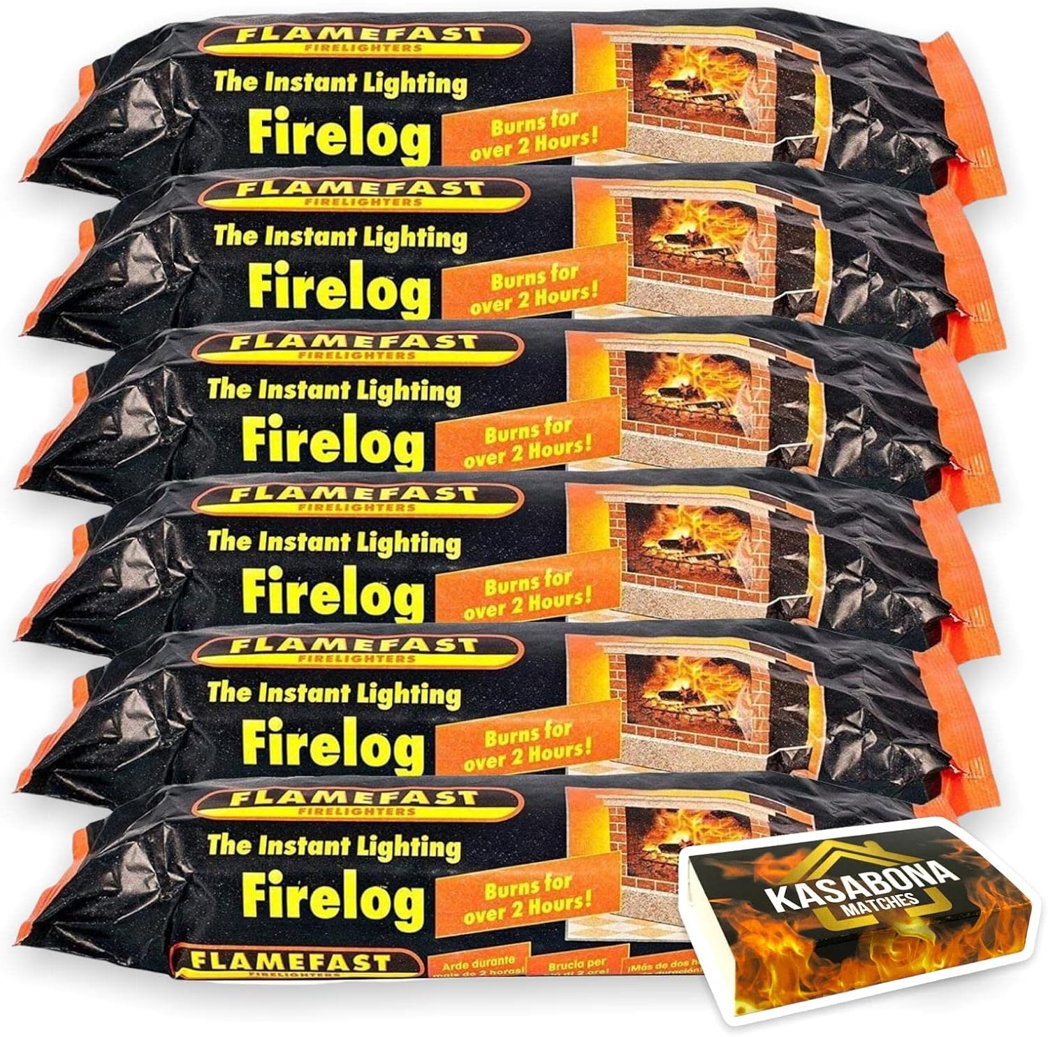 Flamefast Smokeless Instant Lighting Firelog Open Garden Chimineas 2hrs Burn Enviromentally Frienly Fire Individually Wrapped Case of 6 Logs & KasaBona Safety Matches