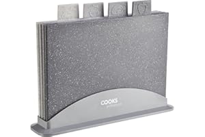 Cooks Professional Set of Four Index Chopping Boards with Stand & Tabs for Fruit & Veg, Raw Meat, Fish & Cooked Food | Granite Effect Plastic Non-Porous Cutting Blocks | Dishwasher Safe | Each 29x20cm