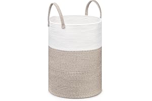 JOJOSEE Large Storage Basket, Rope Laundry Basket with Handle, Tall Woven Rope Storage Baskets,Toy Storage for Kids, Rope Basket for Living Room, Nursery, Bedroom 58L(White & Brown)