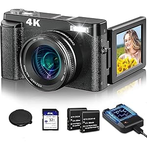 AiTechny 4K Digital Camera For Autofocus Photography, 48Mp 128 GB Vlogging Camera With Anti-Shake Sd Card, 3 Inch 180° Compact Video Camera For Travel, Digital Camera With 16X Zoom
