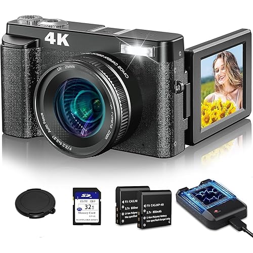 AiTechny 4K Digital Camera For Autofocus Photography, 48Mp 128 GB Vlogging Camera With Anti-Shake Sd Card, 3 Inch 180° Compact Video Camera For Travel, Digital Camera With 16X Zoom