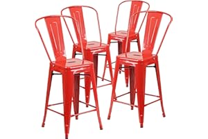 Flash Furniture Lily Hocker in handelsüblicher Qualität, 61 cm hoch, Metall, für drinnen und draußen, mit Abnehmbarer Rückenlehne, Rot, 4 Stück
