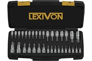 LEXIVON Zestaw kluczy nasadowych TORX Master, Premium stal stopowa S2 | 34 kompletne części, solidne gwiazdy i odporne na manipulacje od T6 do T70 | Ulepszona torba do przechowywania (LX-149)