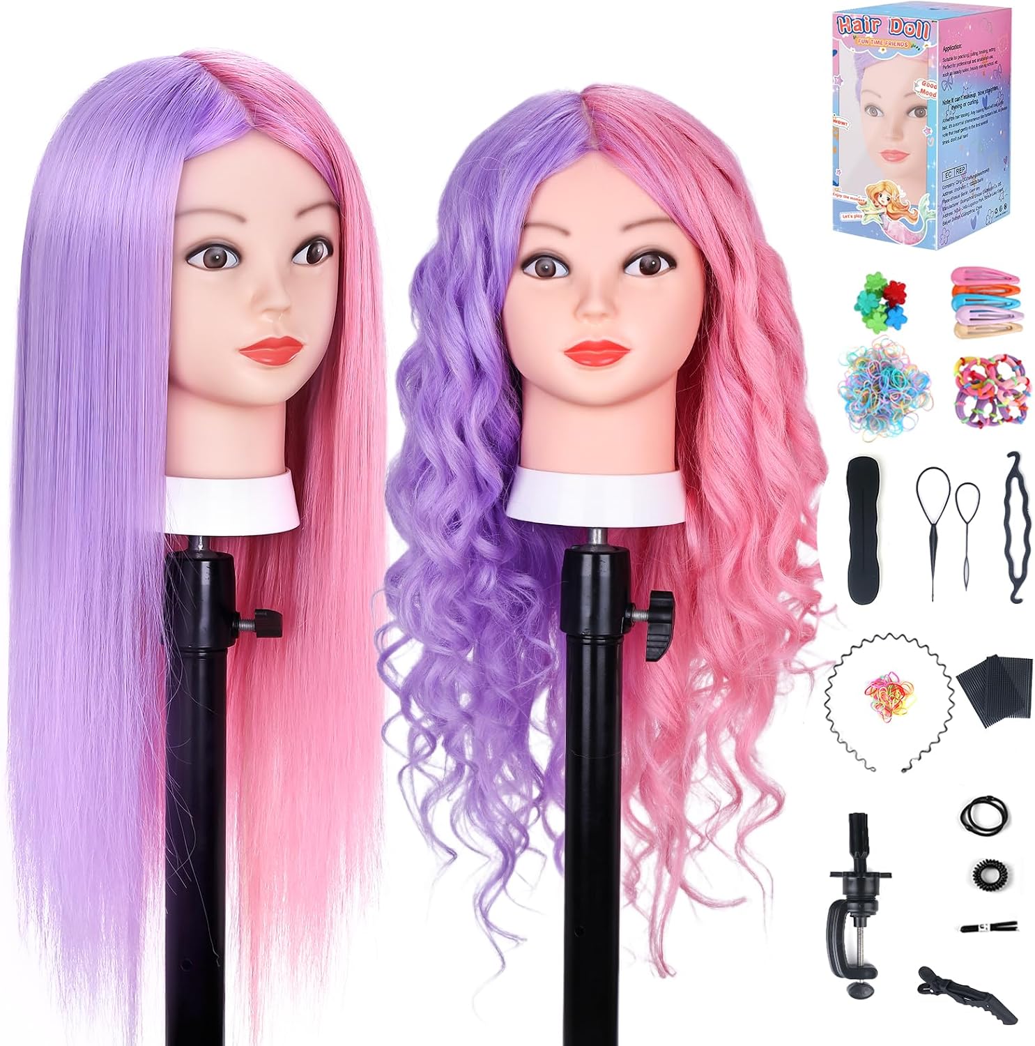 Cabeza de Maniquí, TopDirect 66cm/26" 50% Cabello Real Practicas Formación Muñeca de la Cosmetología para Peluquería, Cabeza de Muñeca con Soporte de Mesa + Accesorios de Peinado