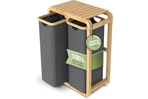 AMBIAVO® Wäschekorb 2 Fächer grau 100 L – Platzsparendes Design – 50L pro Fach - Stabile Bambuskonstruktion – Ablagefläche – Herausnehmbare, waschbare Wäschesäcke