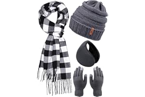ANECO Winter Warm Knitted Sets Buffalo Plaid Scarf Beanie Hat Touch Screen Gloves and Winter Ear Warmer Set for Men or Women