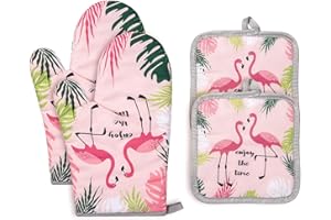 Czemo Ofenhandschuh und Topflappen Set Hitzebeständige Topfhandschuhe Baumwolle Kochhandschuhe für Kochen, Backen, Grillen (Flamingo)