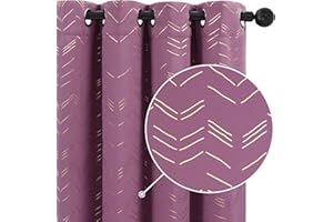 Deconovo Blackout Curtains Gold Zigzag Lines Foil Printed Thermal Insulated Eyelet Curtains 66 x 90 Inch Purple 2 Panels