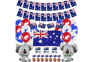 WYLARIO 149pcs Australian Party Decorations Set - Red Blue Australia Party Decor Bunting Hand Waved Flag Cake Topper, Australia Day Inflatable Animal Foil Latex Balloons Tattoo Stickers Supplies