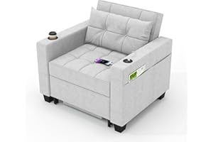 DURASPACE Sleeper Chair 3-in-1 Convertible Chair Bed Pull Out Sleeper Adjustable Single Armchair Sofa Bed with USB Ports, Side Pocket, Cup Holder for Small Space (Light Grey)