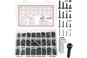 Vwoqiy 1380 Pcs Vis et écrous, M2 M3 M4 M5 Visserie Boulons et écrous, Vis et Boulon et Rondelles Set, Vis à Tête Hexagonale, Assortiment Kit di Boulons Vis à Six Pans Creux pour Réparation, Noirs