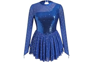 IBAKOM Figure Skating Dress for Women Butterfly Sequin Mesh Sleeve Adult Ice Skater Outfits Rhythmic Gymnastics Chiffon Dress