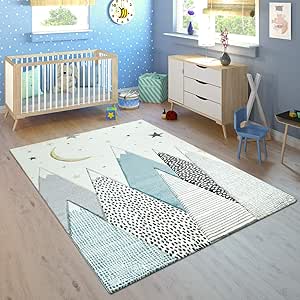 Tapis Enfant Chambre Enfant Motif Montagne Lune Etoiles En Pastel Bleu Gris Dimension 160x230 Cm Amazon Fr Cuisine Et Maison