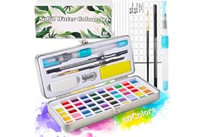 GUYUWE Peinture Aquarelle, 50 Couleurs Vives dans une Boîte portative, Incluant Couleurs Basic, Fluorescentes, Perlen, Macaron, Métalliques, pour Artistes, Amateurs et Passionnés de Peinture