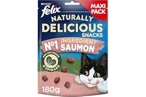 FELIX | NATURALLY DELICIOUS | Snacks Chat Adulte | Friandises au Saumon | Aliment complémentaire riche en Protéines et Vitamines Oméga 6 | Sachets Fraîcheurs | Lot de 6 x 180 g