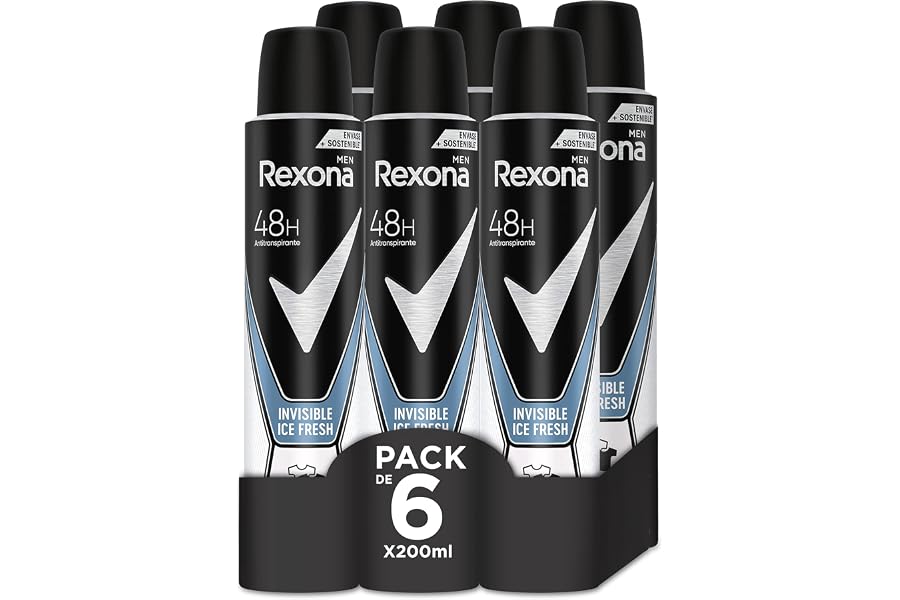 Rexona Invisible Desodorante Aerosol Antitranspirante para hombre Ice 200ml - Pack de 6, El embalaje puede variar
