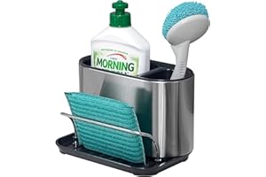 SARSTRY Organizador Fregadero, Soporte Estropajo Fregadero, Estropajo Organizador de acero inoxidable con Bandeja de goteo extraíble y compartimento de almacenamiento para fregaderos de cocina