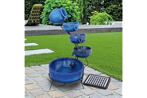 MONSTER SHOP MonsterShop - Fontana Solare a Cascata da Giardino con Batteria di Supporto da 6 Ore Fontanella con Pannello Solare e Picchetto Fontanella a Vasi Fontana con Ciotole - Blu