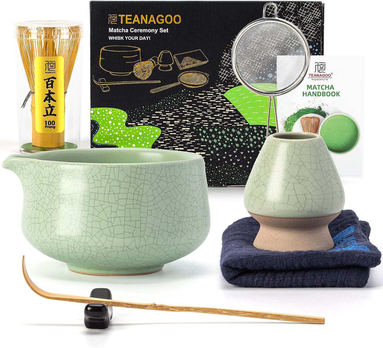 TEANAGOO Matcha Kit, juego de 7 piezas, kit de matcha para ceremonia, juego de té matcha para hacer desayuno/latte, cuenco matcha verde (chawan) con boquilla y batidor, regalo para