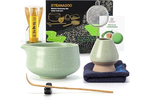 TEANAGOO Matcha Kit 7 pièces, Fouet Matcha, matcha ceremonie service à thé matcha pour la préparation du petit déjeuner/latte, bol à matcha vert (Chawan), cadeau pour les amate((Vert)