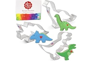 Ann Clark Cookie Cutters Juego de 3 cortadores de galletas dinosaurio con libro de recetas, tiranosaurio, brontosaurio y triceratops