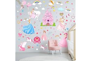 CENSEN 124 Pieces Princess Unicorn Wall Stickers Castle Fairy Rainbow Wall Decals Removable Princess Stickers Princess Party Decorations for Girls Bedroom Children Baby Nursery Playroom Wall Decor