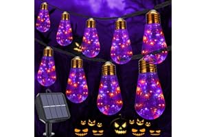 Geemoo Halloween Decoration Exterieur, 8M 160LED Guirlande Lumineuse Exterieure Solaire avec 16 Ampoules,IP65 Imperméable, 8 Modes, Guirlande Halloween Orange & Violet pour Halloween, Jardin, Fête