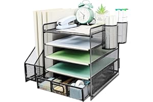 PLSOPPKG Organizador de Escritorio, 5 Niveles Malla Metálica Organizador Bandejas Papel con Estante para Archivos con Cajones 2 Bolígrafos Revistero, para Almacenamiento De Suministros Oficina