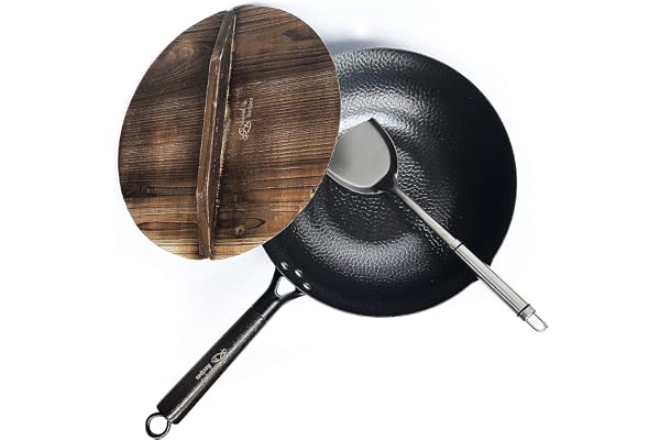 Soppade recept kolstål wok för elektrisk, induktion och gasspisar (lock, spatel och användarhandbok video ingår)