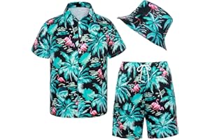 HARSEVER Men's Hawaiian Shirt and Shorts Set Casual Funky Beach Flamingo Shirt Set Beach Party Shirts Suits with Bucket Hat