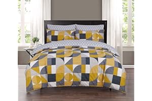 Indus Textiles 100% Pure Cotton Reversible Patterned Duvet Cover Sets (Geomatric Mustard & Grey, King)