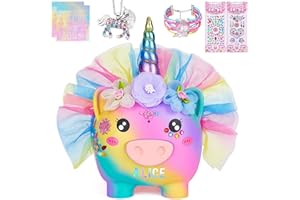 MHJY Piggy Bank for Kids Unicorn Money Box Girls Unbreakable Resin Child Saving Bank Cute Large Coin Banks with Necklace Bracelet DIY Stickers Birthday Set