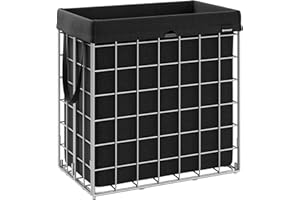 SONGMICS Kosz na pranie 110 l, składany kosz na pranie, zdejmowana i nadająca się do prania wkładka, metalowa rama z drutu, do sypialni, łazienki, srebrny i klasyczny czarny LCB111B01