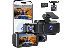 BEMKIA Dash Cam Front and Rear, 3 Channel Dashcam Car Camera with 64GB SD Card, Wi-Fi, Night Vision, 3" IPS Display, G-Sensor, APP Control, Loop Recording for Cars, Vans, Trucks (Black)