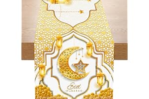 PATIMATE Camino de Mesa Eid, Camino de Mesa Eid Oro Blanco con Patrón Estrellas Lunares, Decoraciones Eid Mubarak Camino Mesa para Decoraciones de Mesa Ramadán, Decoración Umrah Mubarak, Decor Eid (183*33 cm)
