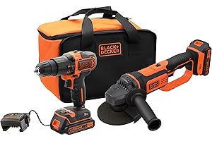 BLACK+DECKER COMBO KIT: Taladro Percutor 18V 10mm 40Nm + Mini-Amoladora 18V 125mm, Incluye: 2 baterías de Litio 2Ah, cargador, bolsa transporte, BCK24D2S-QW