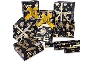 Larcenciel 3 Rotolo Carta Regalo Natale, Carta da Regalo Oro Nero con 12 Adesivo e 8 fiocchi con nastro, Alci fiocchi di neve piume,Carte Natalizia per Capodanno,Feste,Compleanno, 3Mx43CM