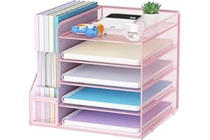 ‎MARBRASSE Marbrasse Schreibtisch Organizer und Büro Zubehör,5-Tier Briefablage,Mesh Büro Organizer für Schreibtischzubehör & Ablage(Rosa)
