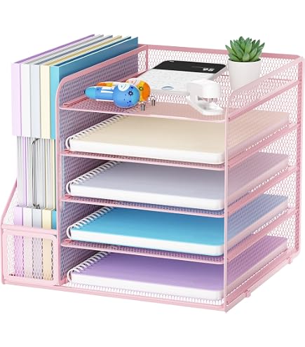 VITVITI bureau-organizer, 6 niveaus brievenbak, stapelbare dossierhouders, opbergvakken met handvat, kantoorbenodigdheden voor A4-documenten, papier, boeken, tijdschriften (Roze