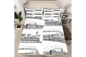 MANFEI Retro Steam Locomotive Fitted Sheet Single Size - Train Bed Cover With 1 Pillowcase, Vintage Bedding Set 2pcs for Kids Boys Adults Room Decor, Soft Polyester